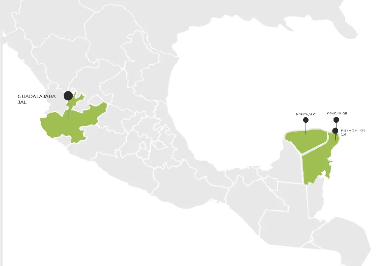 Mapa de México: oficinas en Guadalajara, Mérida, Cancún y Puerto Morelos