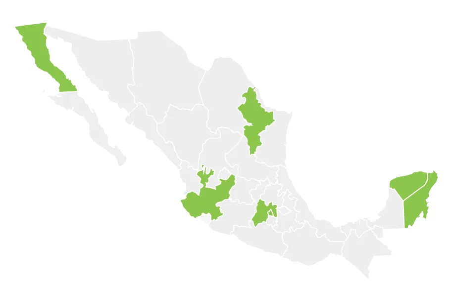 Mapa de México con presencia de Terramax en Yucatán, Quintana Roo, Jalisco, Ciudad de México, Nuevo León, Baja California y Estado de México